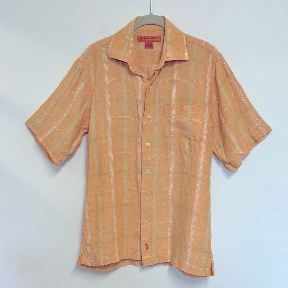 Sette Ponti Casual 100% Linen Button Up Mens Size S Orange Short Sleeve Shirt